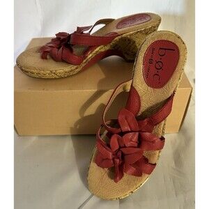 BOC Born Concept Coral Leather Flower Wedge Heel Comfort Sandals Size 7